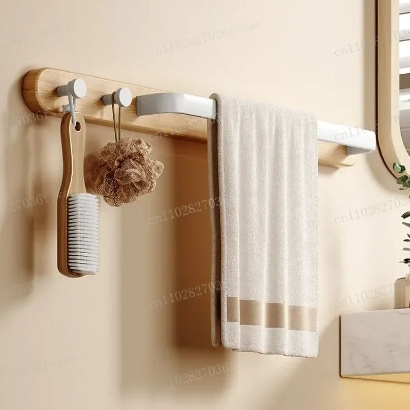 Bathroom Towel Bar with 2 Hooks Wood White Black Aluminum Wall Mount Kitchen Bathroom Towel Holder Storage Organizer Hang Shelf