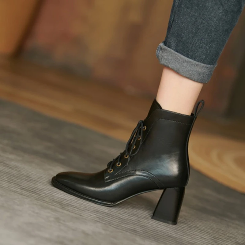 Autumn/Winter Women Boots Square Toe High Heel Shoes for Women Black Leather Boots Women Lace up Handemade Shoes Botas de mujer