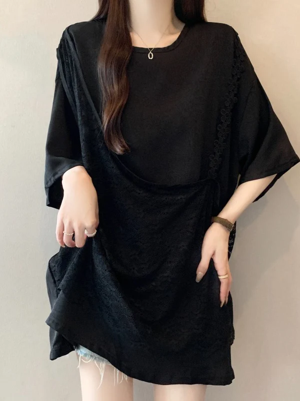 

Ele Bla ort Sve футболка женская больших размеров, летняя новинка, кружевная верхняя часть тела, корейская футболка для поездок на работу и ветер