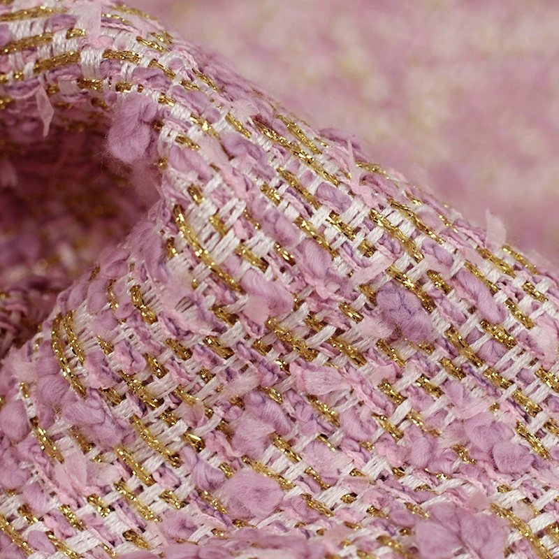 

50x145cm Pink Gold Wire Ribbon Yarn-Dyed Braided Tweed Fabric For Women Autumn Jacket Dress Suits Coat Handbag DIY Cloth Sewing