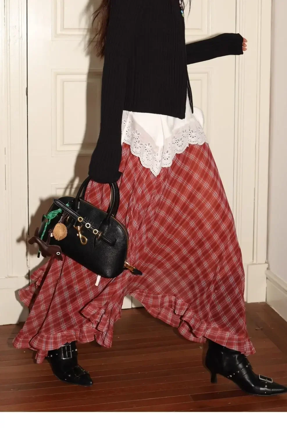 Spring Summer Vintage Two-Tone Plaid Midi Asymmetrical Hem A- Line Skirt Large Flounce Midi Length Silk Half Body Skirt