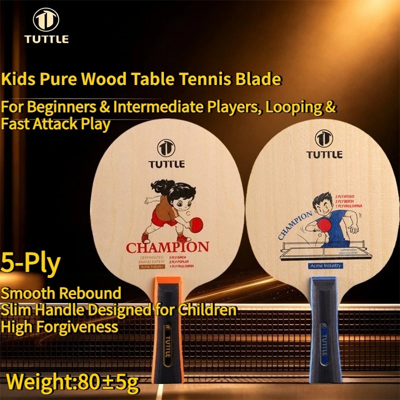 TUTTLE Kids Table Tennis Blade 5-Ply Pure Wood Ping Pong Blade Medium Slim Handle Lightweight for Junior Beginner Training