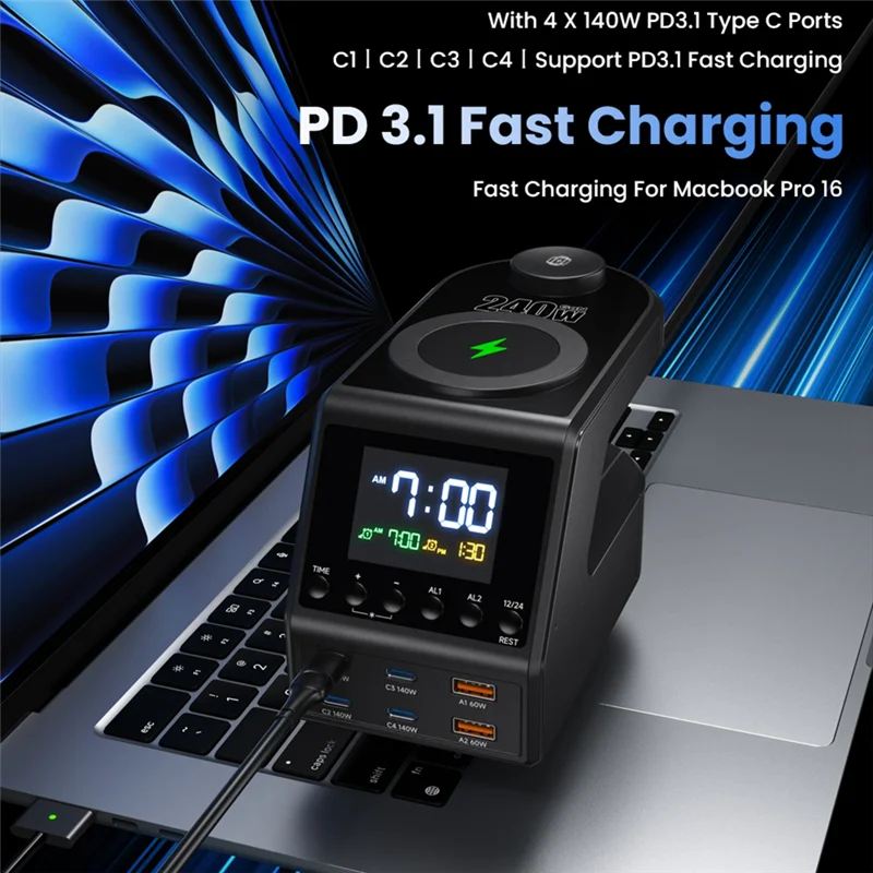 【المنتجات الأكثر مبيعًا】محطة شاحن غان 240 وات مع منبه لعرض الوقت 4X140w PD3.1 USB Type C شاحن لاسلكي سريع لجهاز Macb