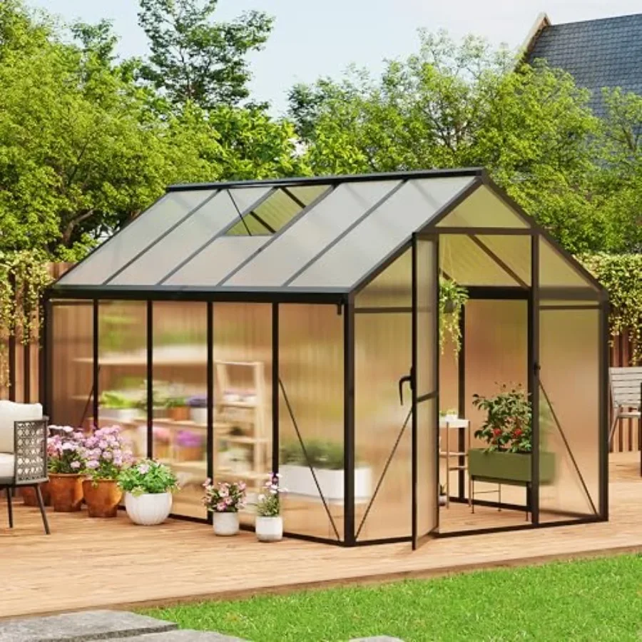 Feet House for Outdoors, Large Walk-in Polycarbonate House Kit, Aluminum Frame, Lockable Door, Roof Vent, Ground Spikes, for Ga