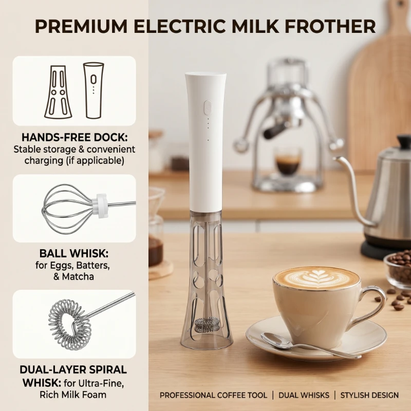 Doppelköpfiger elektrischer Milchaufschäumer, Handmixer für Kaffee, Schokolade, Matcha, Edelstahl-Schneebesen