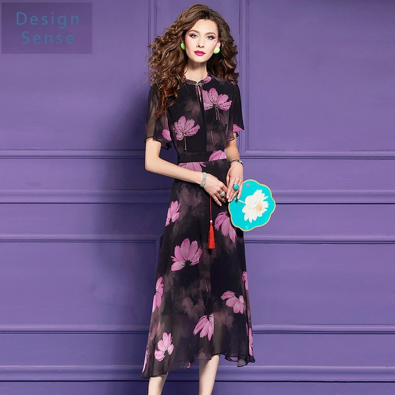 Damen-Pendlerkleidung, bedrucktes schwarzes Kleid, Sommer, junger Stehkragen, perlenbesetzter, hüftenger, leichter und modischer Hemdrock