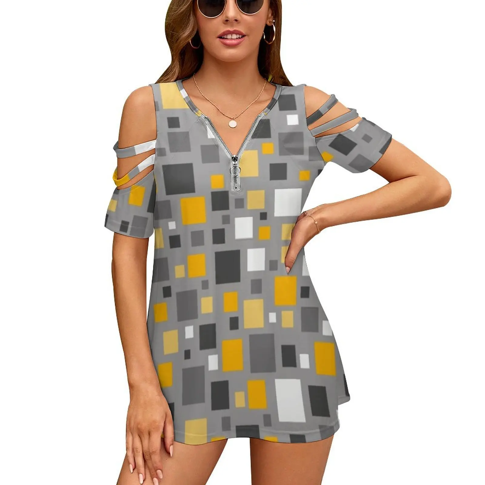 Mustard Yellow And Grey Squares Pixel Polka Dot New Fashion Zip Off Shoulder Top Short-Sleeve Women Shirt Spots Polka Dot Polka