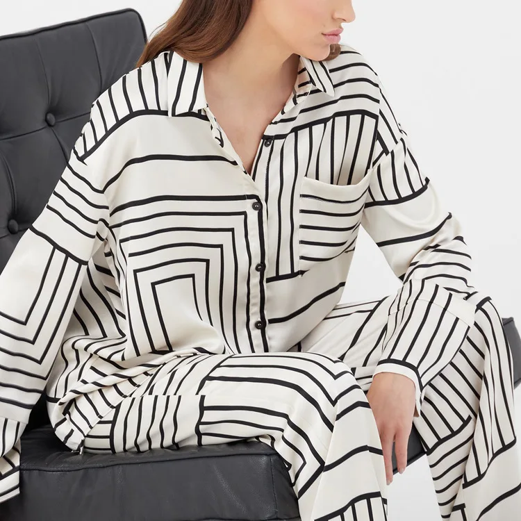 Satin Stripe Print Sleepwear Women's Pajamas Set Elegant Loose Long Sleeve High Waist Pants Home 2Pcs Pijama Wide Trouser Suits