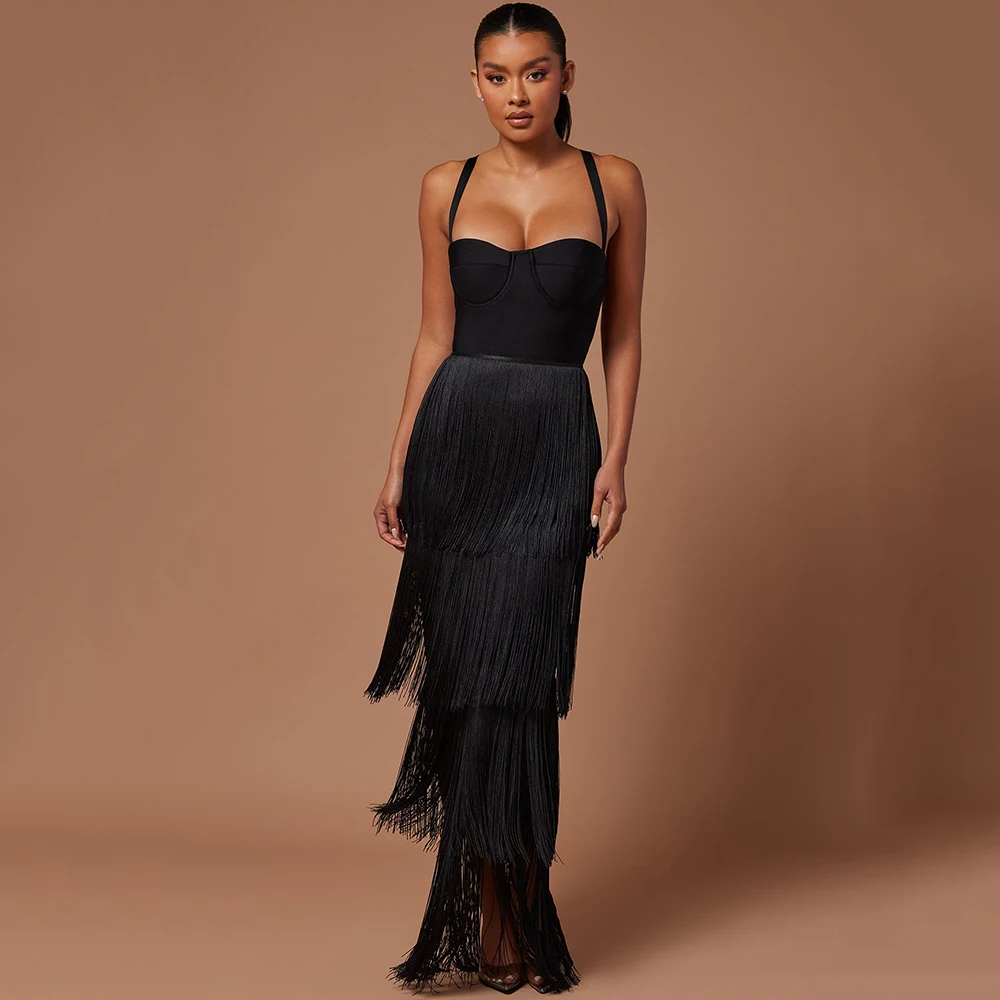 

HQBORY elegant Tassel long Bandage Dress strap 2024 Women Black Fringe celebrity Bodycon party Dress vestido