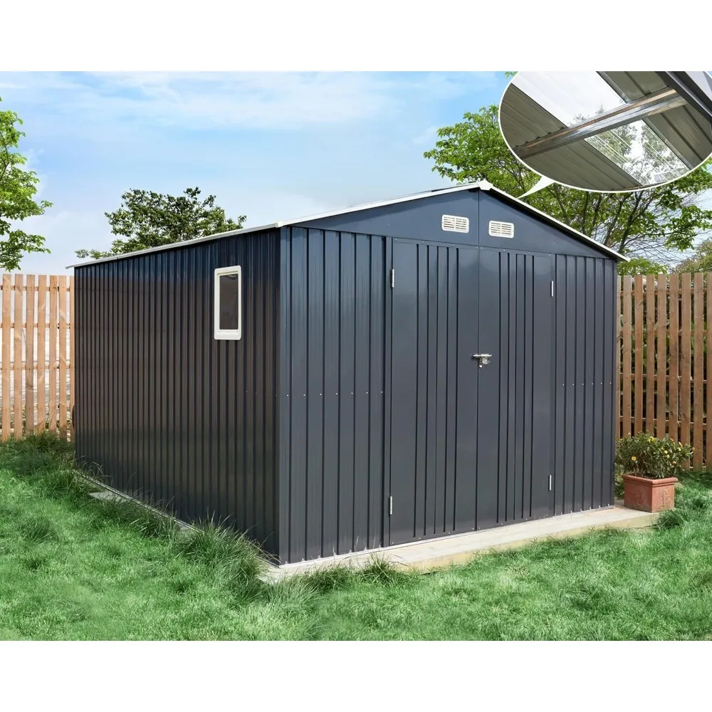 10x12x7.5 Feet Outdoor Galvanized Steel Storage Shed, Tool Shed with Transparent Windows and Double Locking Doors, Dark Gray