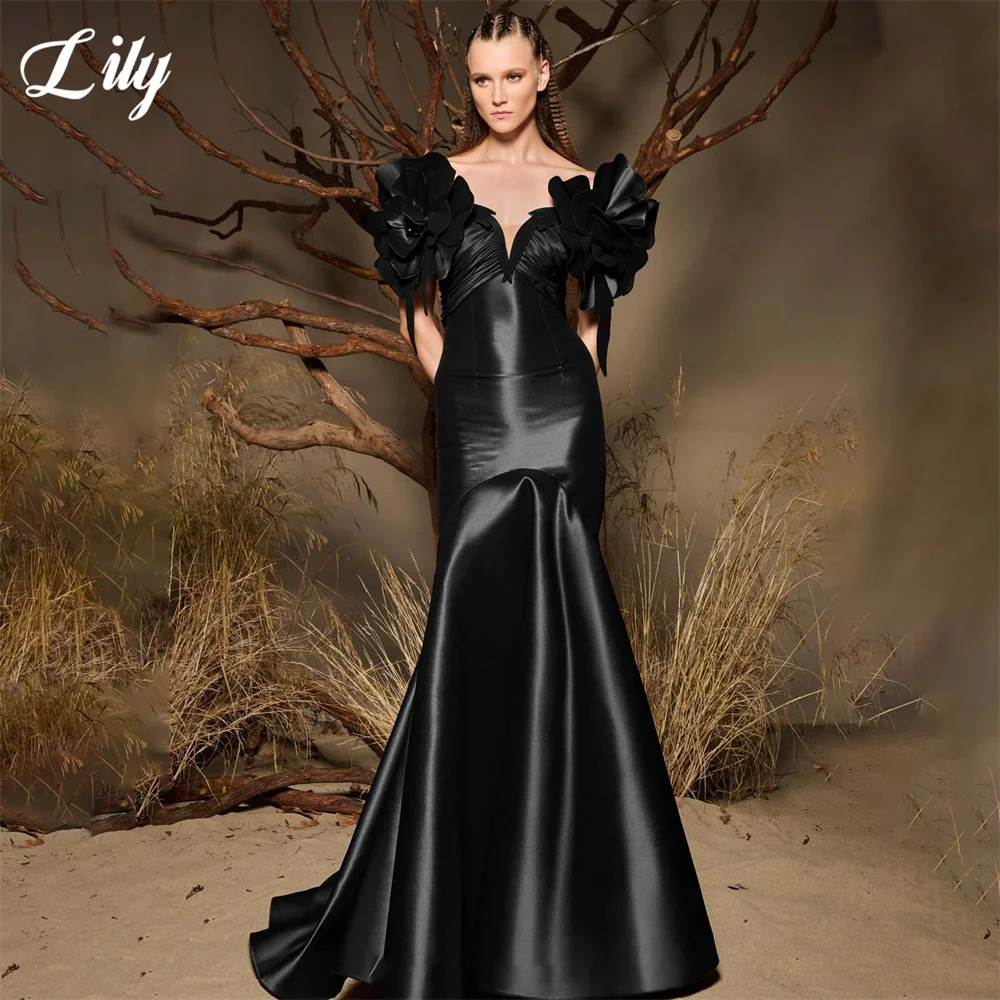 

Черное вечернее платье Lily с открытыми плечами, фасон «труба», с 3D цветочным декором, нарядное платье для торжественных мероприятий, индивидуальный пошив