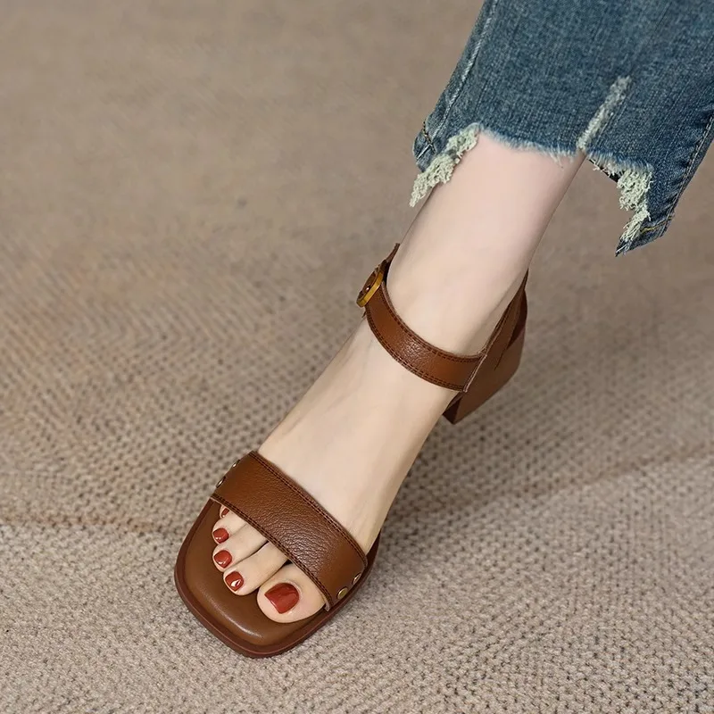 Summer Sandals Sheep Leather Women Shoe Square Toe Chunky Heel Roman Sandals Genuine Leather Open Toe Sandals for Women Handmade