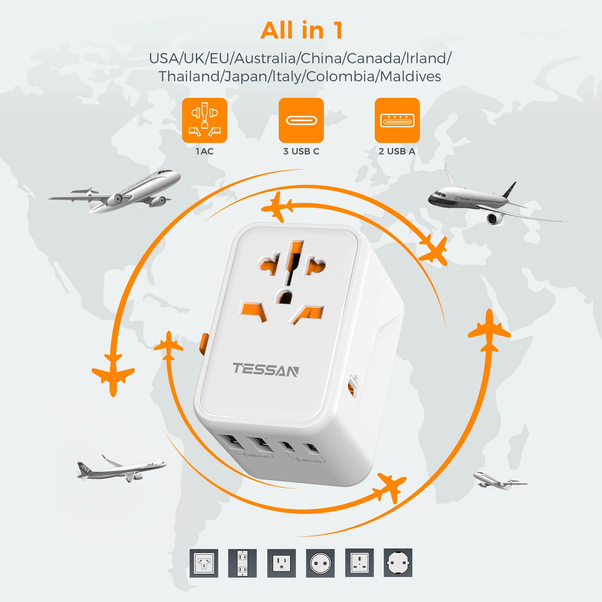 TESSAN 65W GaN 여행용 어댑터 범용 소켓, USB 3개, C형 고속 충전 국제 전원 어댑터 EU/UK/USA/AUS 플러그 포함 여행용 멀티 어댑터 멀티어댑터 65w 여행용 멀티어댑터 멀티어댑터 여행용