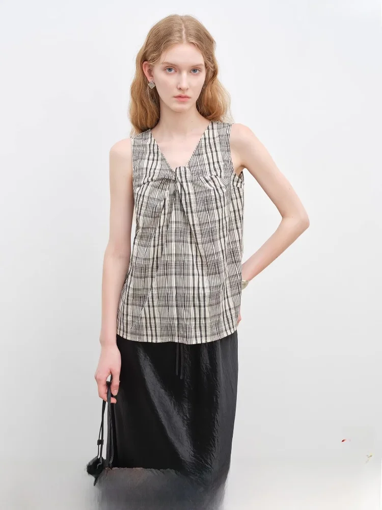 

V-Ne Svel Plaid irt Women's Summer Design Sense Retro ature Top Comfortable Loose Fit Cotton Polyester Blend