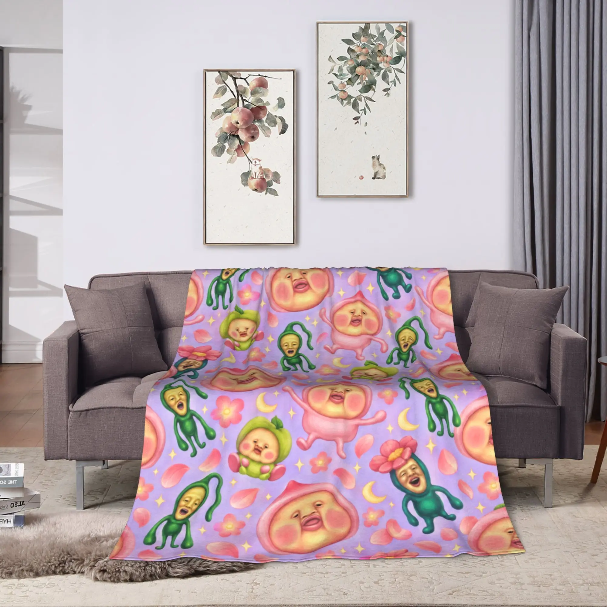 Kobito Zukan Peach Flannel Blanket Winter  Super Warm Throw Blanket for Girls Boys Couch Bed Print Bedspread Sofa Bed Cover