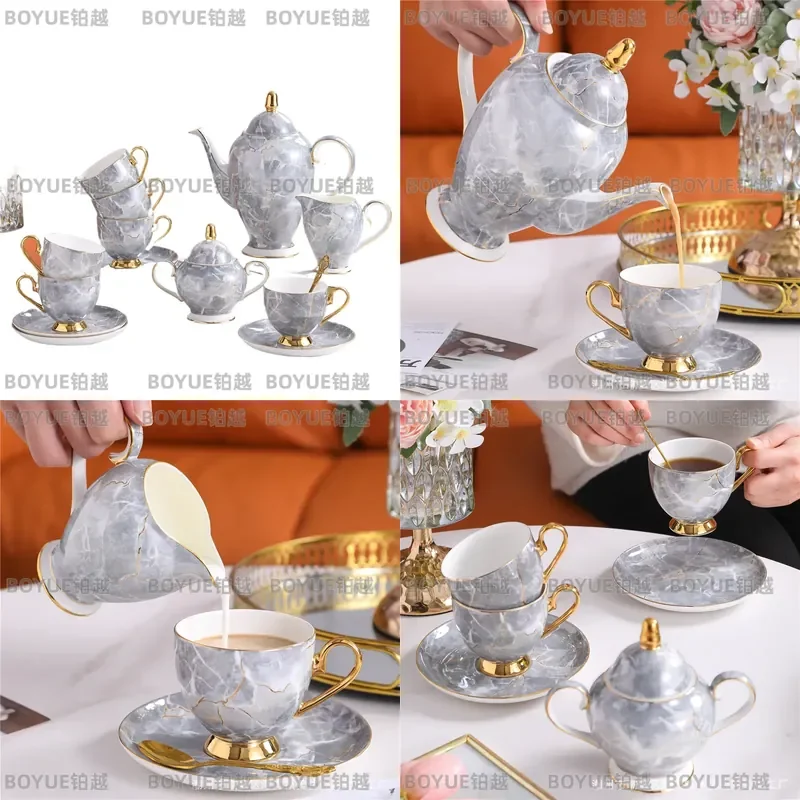 Luxury Bone China Coffee Cup and Saucer Set with Teapot Elegant Afternoon Tea Service Gift Box Premium Porcelain Drinkware