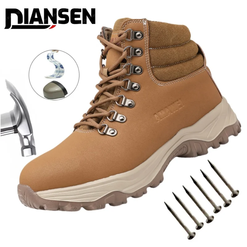

Steel Toe Safety Shoes Men, Anti-Puncture Anti-Smash Non Slip Industrial Work Boots Light Protection Brown Waterproof Boots