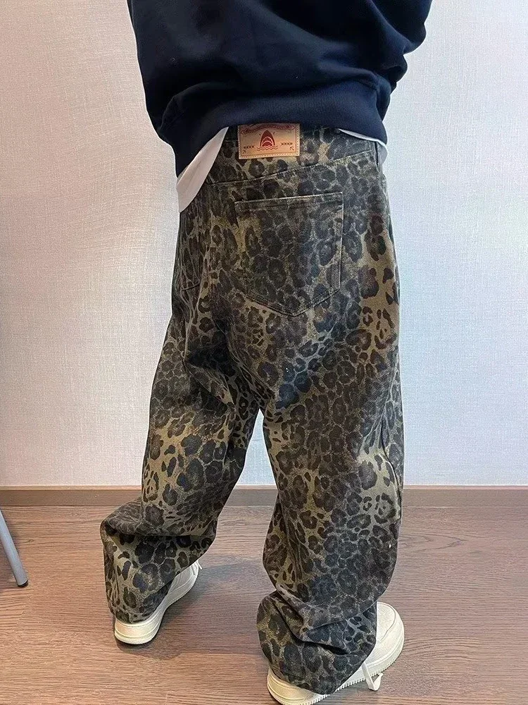 HOUZHOU Tan Leopard Jeans Men Denim Pants Male Oversize Wide Leg Trousers Streetwear Hip Hop Vintage Loose Casual Animal Print