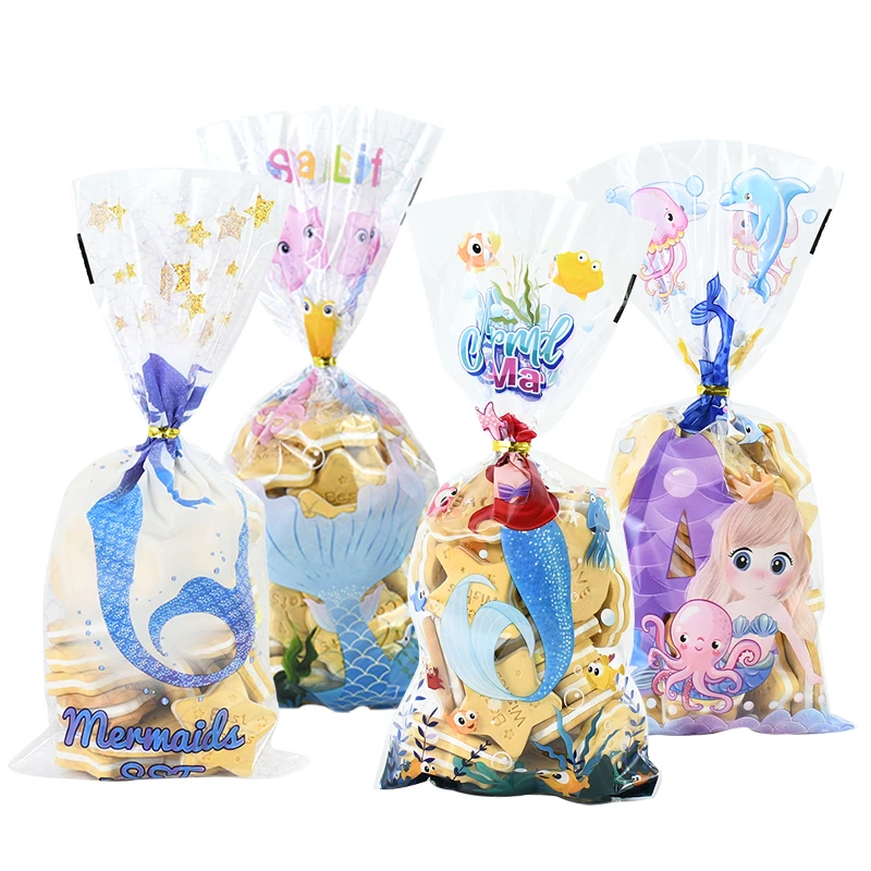 50Pcs Mermaid Plastic Candy Bag Animal Snack Biscuit Gift Package Bags Happy Birthday Decoration Baby Shower Favor Supplies