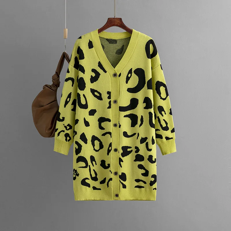 Cárdigan de punto con cuello en V y diseño de leopardo para mujer, Abrigos informales de una sola botonadura, Tops coreanos holgados, Blusas de manga larga