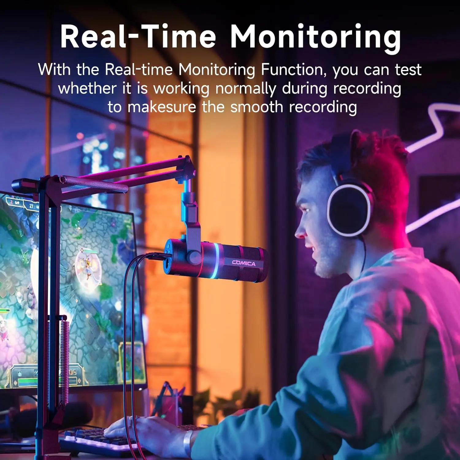 ميكروفون ألعاب USB من COMICA EJoy D10(A)، ميكروفون بوم بذراع مع خاصية إلغاء الضوضاء، ميكروفون استوديو RGB للبث والبودكاست والتسجيل