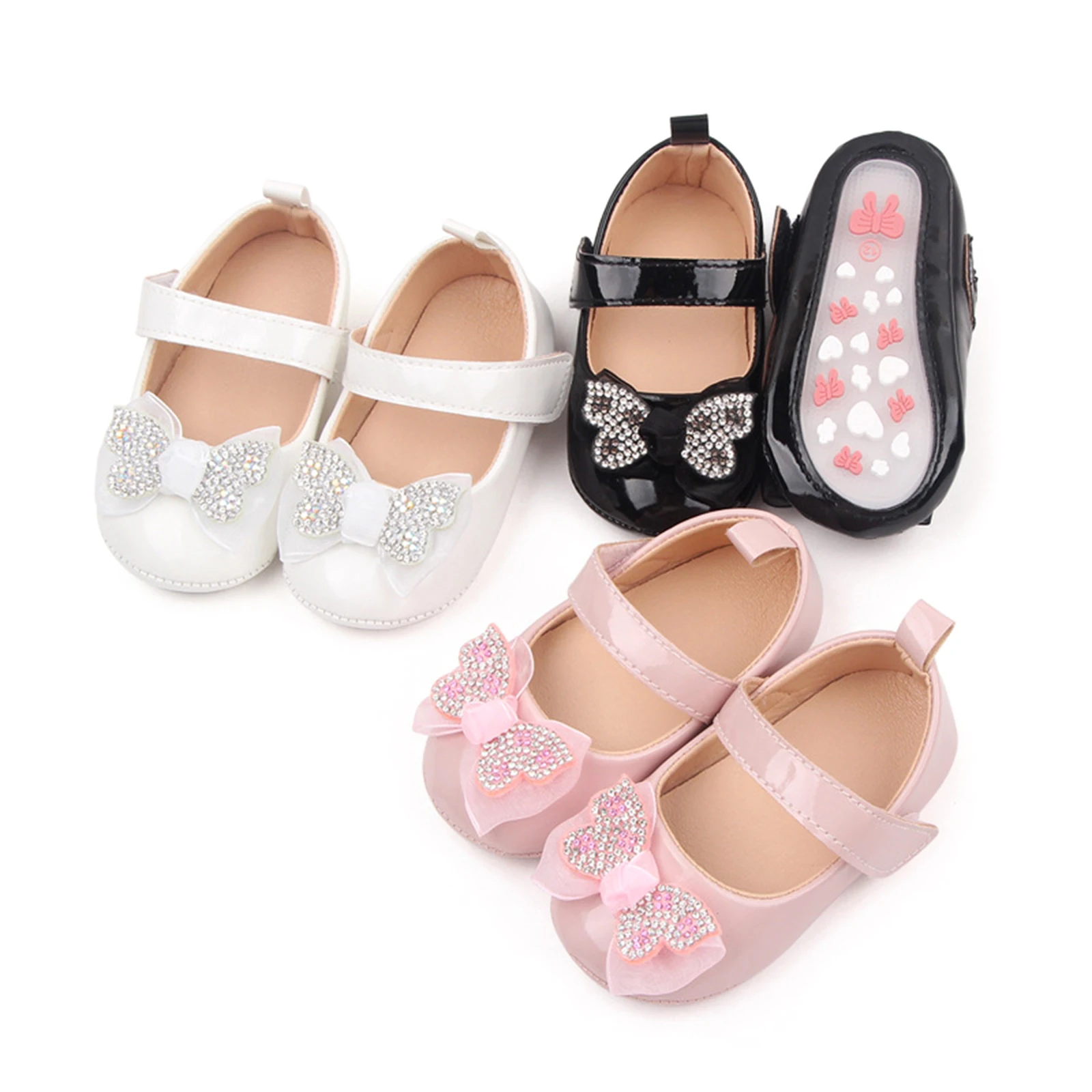 

Mildsown Baby Girls Mary Jane Flats Non-Slip Rhinestone Bowknot Princess Dress Shoes Crib Shoes First Walkers Leather Shoes