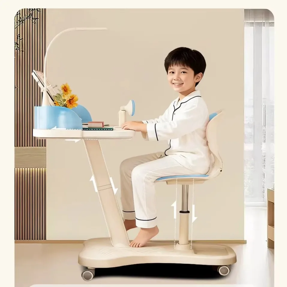 Children's study table and chair set can be lifted and lowered, small household mobile book table and chair with eye protection