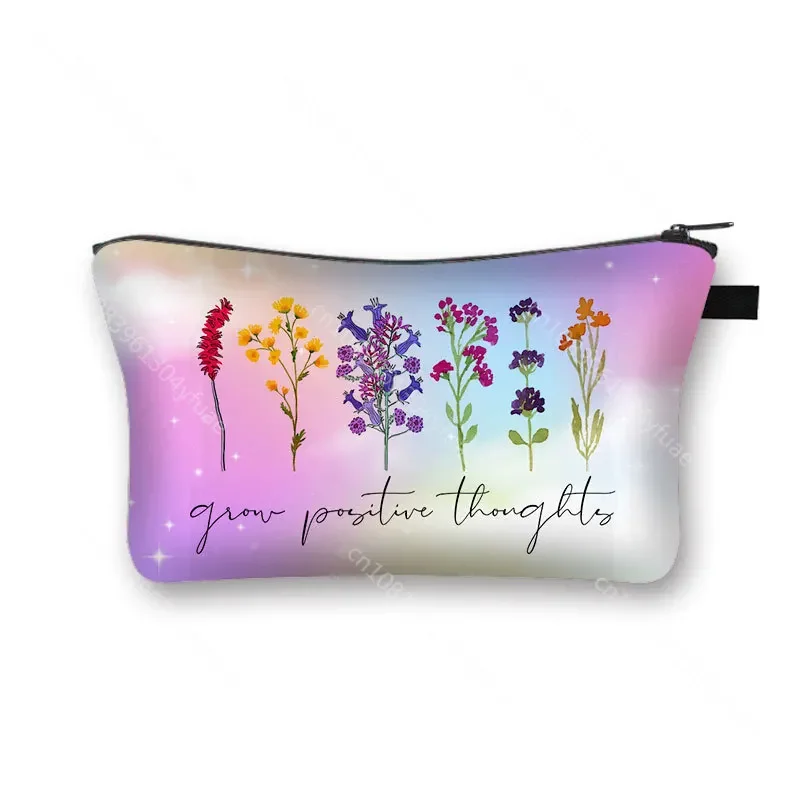 Grow Positive Thoughts Flowers Printed Cosmetic Case Women Makeup Bags Cute Rose Flower Toiletry Bag Portable Lipstick Bags Gift