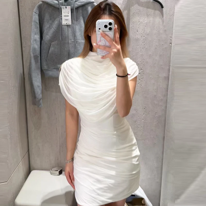 HXAO Mini witte ruches jurk damesjurken zomer 2026 elegante feestjurken chique korset gelaagde mouwloze patchwork vestidos