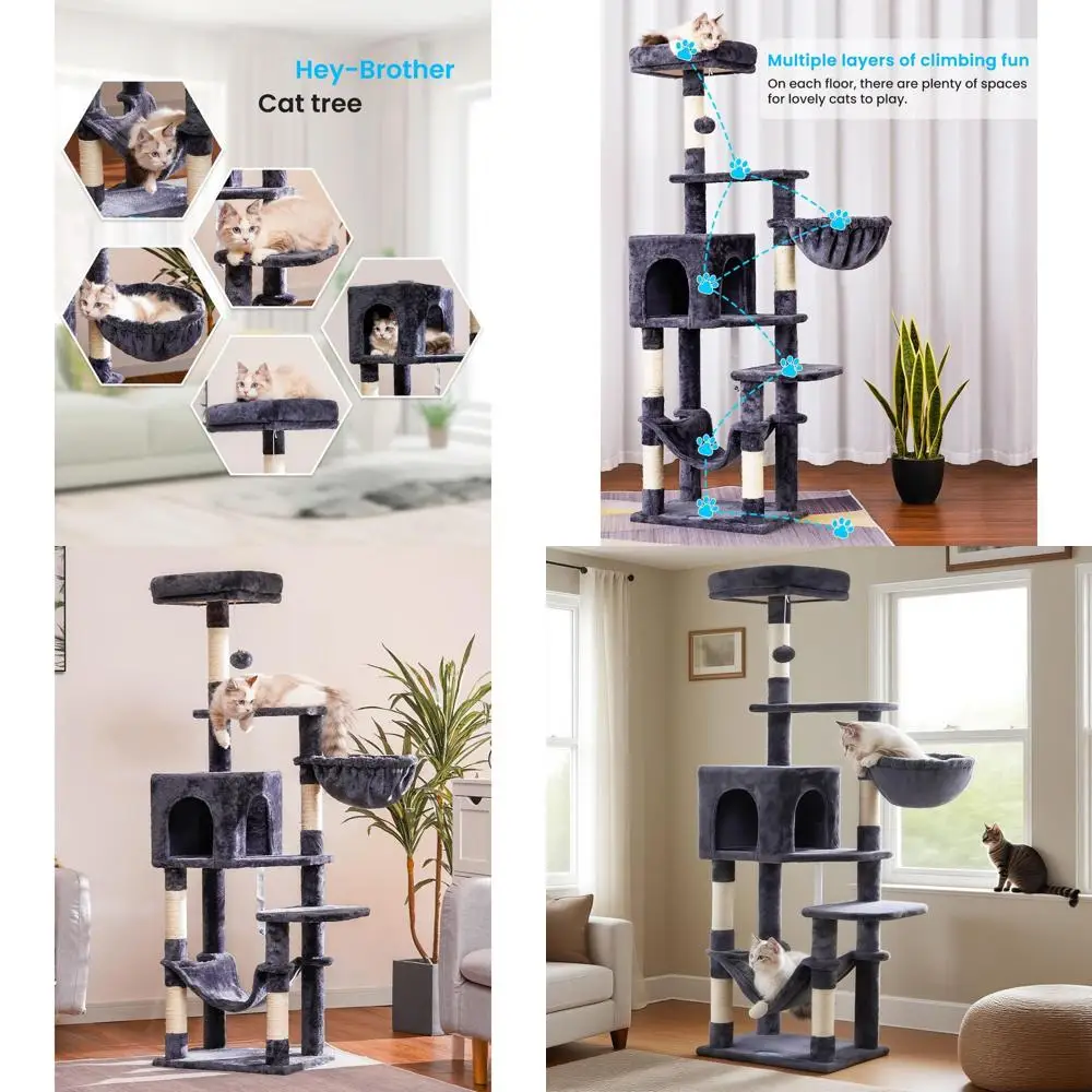 

Large Indoor Multi-Level Cat Tree with Hammock, Sisal Scratching Posts, and Top Perch in Smoky Gray