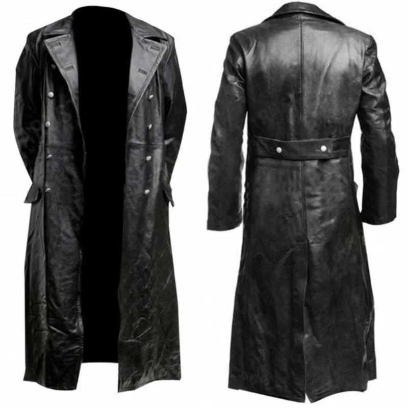 

Black Men Double Breasted Lapel Leather Trench Coat Mid Length Vintage Style Thick Windbreaker Outerwear Fashion Trendy Jacket