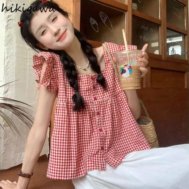 Sweet Women Blouse 2023 Blusas Mujer De Moda Square Collar Flying Sleeve Fashion Summer Blouses Tops Loose Plaid Cute Shirts