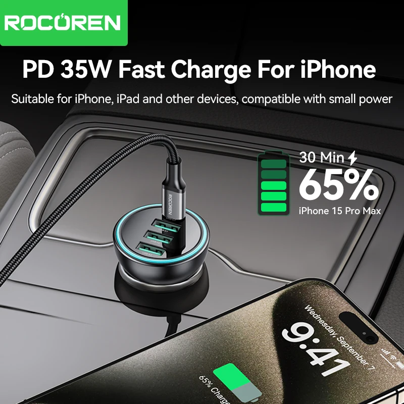 Rocoren 4 in 1 USB Type C 55W Car Charger QC3.0 Fast Charging Car Quick Charger Adapter for Car Audio iPhone 15 Xiaomi Samsung