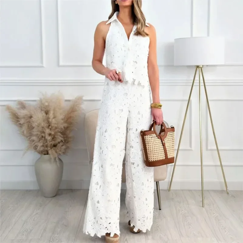 

Formal White Two-piece Set Suit Summer Industry Embroidered Hollow V-neck Vest Top Wide-leg Straight Trousers Set Women Clothing
