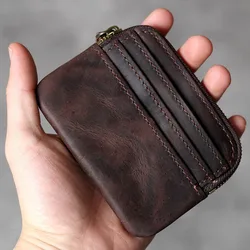 Luufan-Crazy Horse Leather Zipper Coin Purse, titular do cartão, carteira curta para homens e mulheres, mini carteiras de embreagem, dinheiro e dinheiro