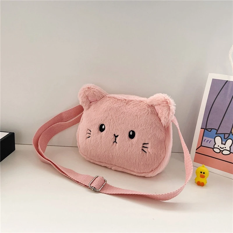 Baby Girls Cartoon Cat Crossbody Bags Cute Soft Plush Children\'s Shoulder Bag Winter Fashion Boys Kids Furry Handbags Coin Purse