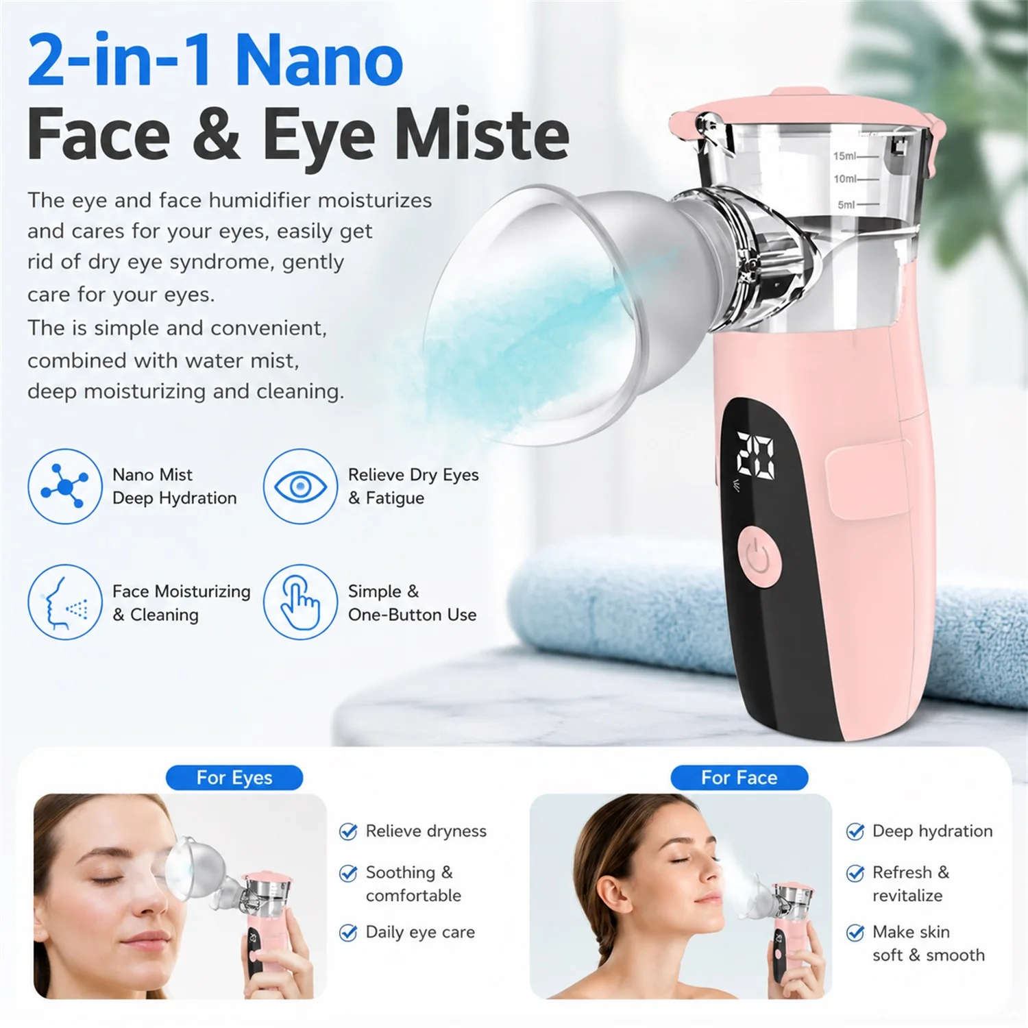 Handheld Mini Mesh Eye Facial Steamer Mist Sprayer, Portable Humidifier for Dry Eye Fatigue Relief & Daily Face Skin Rehydration
