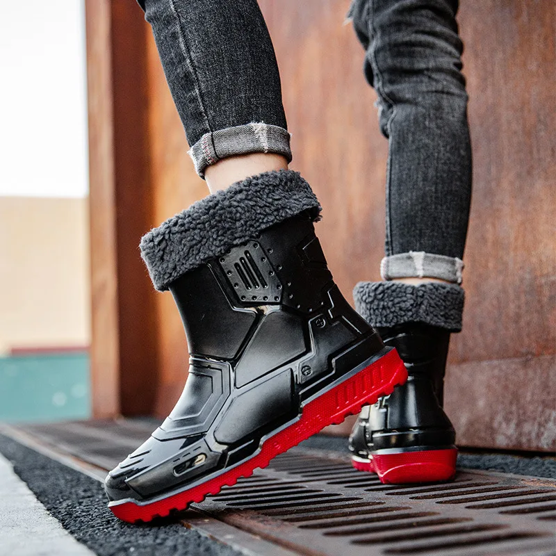 Outdoor Riding Rain Boots Plus Cotton Warm Non-slip Waterproof Shoes Mid-tube Work Shoes Rain Boots Motorcycle Protective Boots