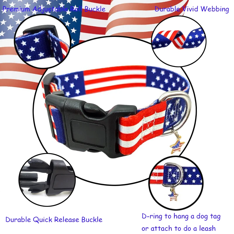 Collar para Perro con Bandera Americana, Collar Patriótico con Bandera de EE. UU. con Hebilla de Liberación Rápida y Anillo en D, Collar Duradero y Cómodo para Perros Pequeños