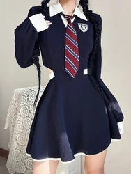 Zoki Japan Sweet Women Jk Tie Dress Fashion Slim Sexy Hollow Out Mini Dress Student Spring Preppy Style A Line Dress New Clothes