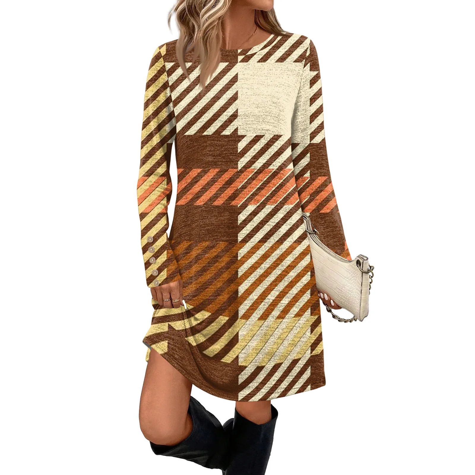 أزياء المرأة التي شيرت نمط هندسي المتضخم طويلة الأكمام تي شيرت اللباس المرأة طويلة مخطط قمم تيز فساتين سيدة الملابس #4