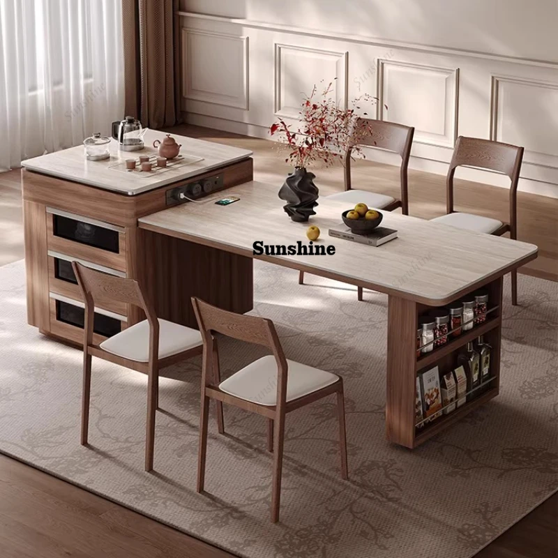 

Solid wood rock slab island dining table integrated retractable kitchen household small apartment medium ancient style