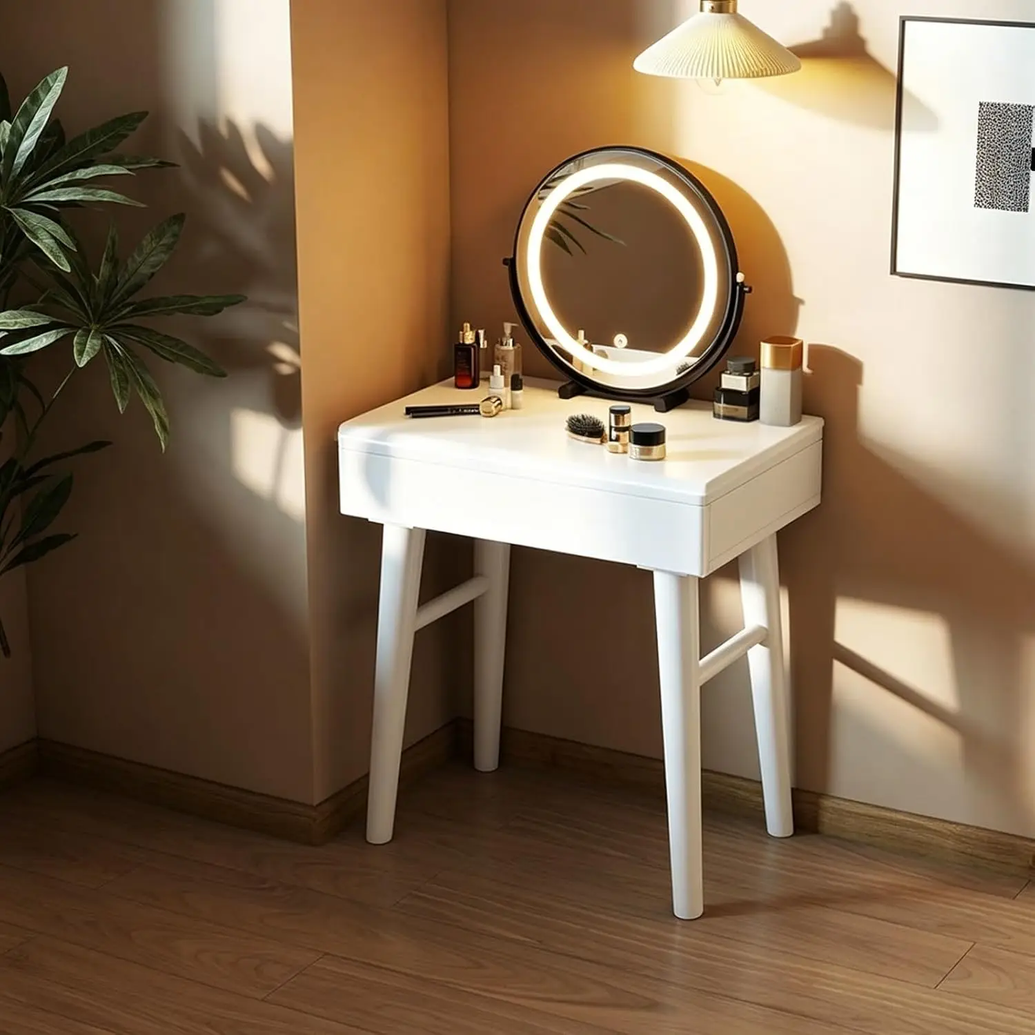 Solid Wood Dressing Table with smart LED Mirror, Bedroom Makeup Vanity Table with Spacious Drawer, Multi-Purpose Laptop Desk She