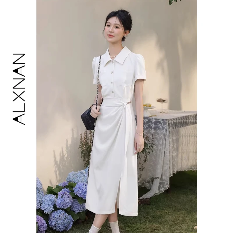 

ALXNAN Apricot Long Dress French Waist Slim Fit Lapel Shirt Dress Summer 2026 Women's Short Sleeve Dresses Female QYM002461