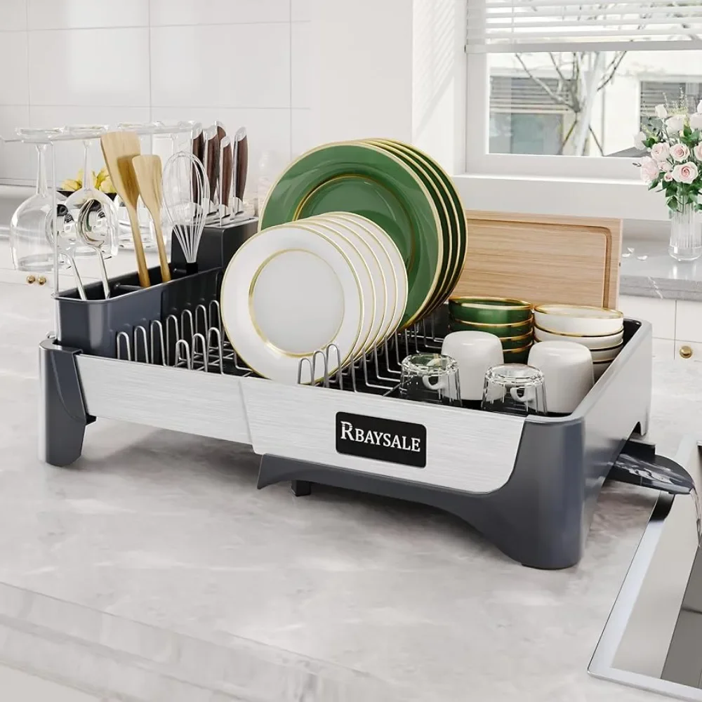 Expandable Dish Drainer with Aluminum Pull Plate Attached Wine Glass Holder Utensil Holder Cutting Board Holder