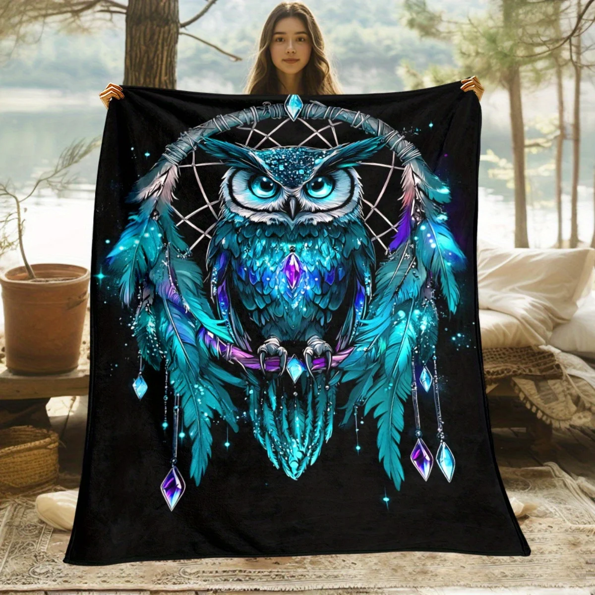 Dreamcatcher Owl Blue Black Print Flannel Blanket Soft Lightweight Machine Washable for Sofa Bed Travel Camping All Seasons