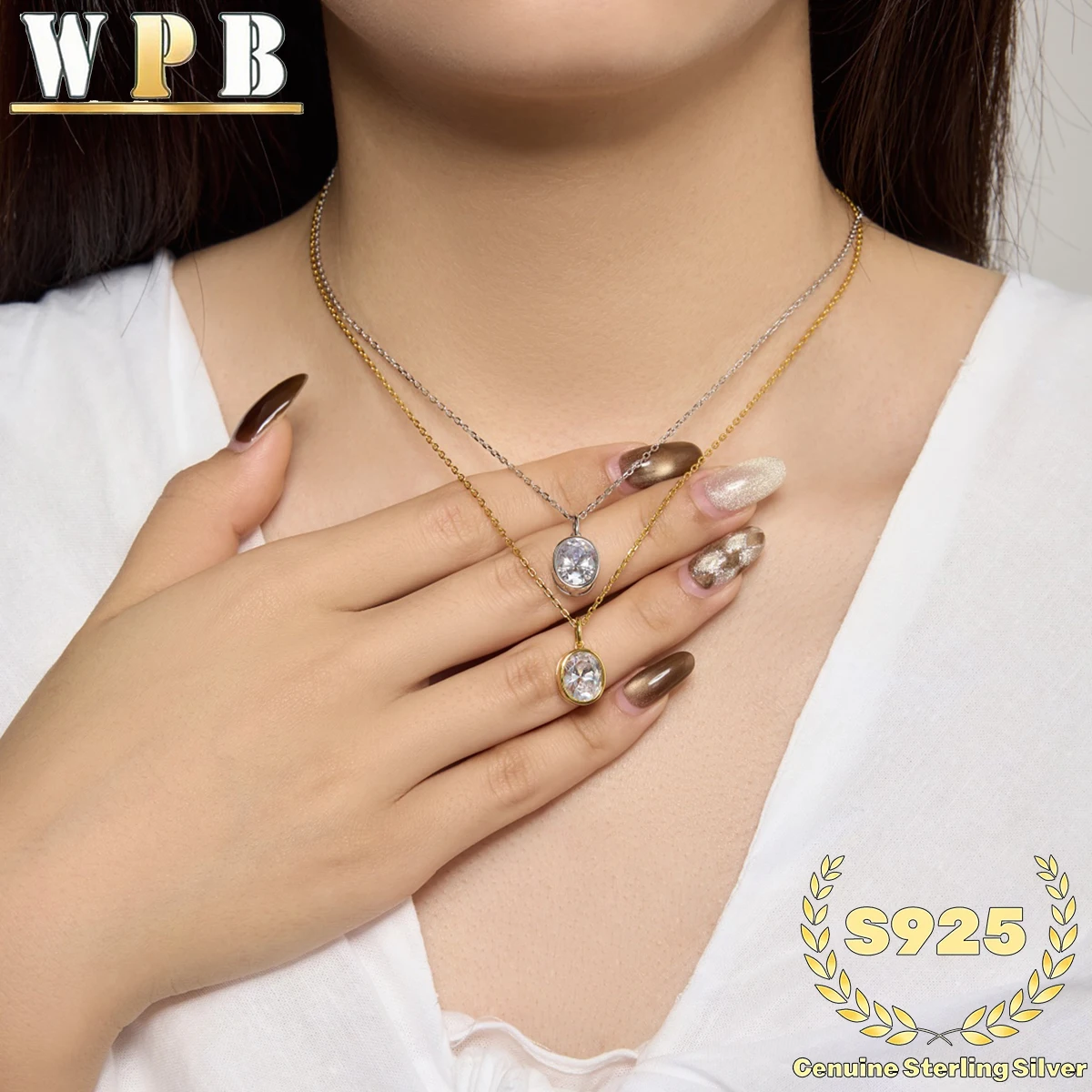 S925 Silver Oval Zircon Pendant Necklace, 8x10mm Sparkling Cubic Zirconia Bezel Set, Thin Cable Chain Dainty for Women Gift