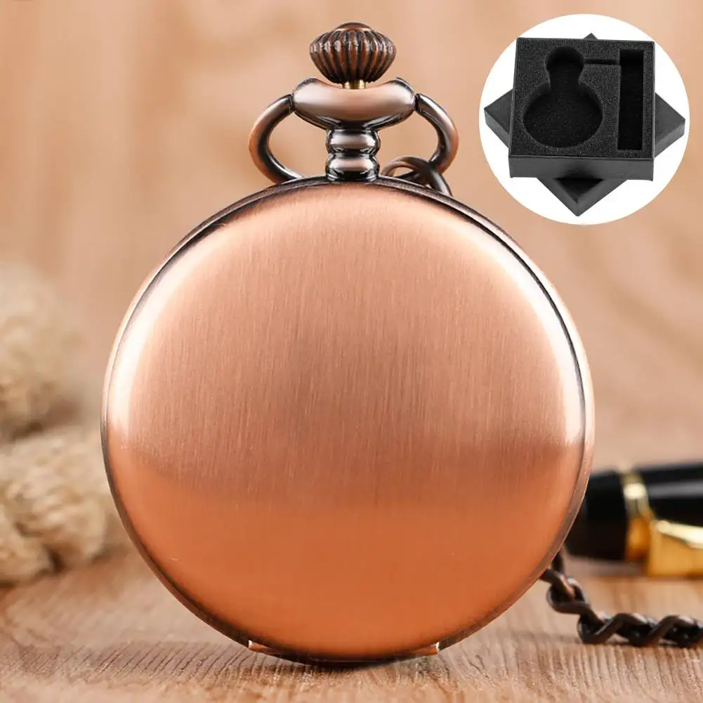 Retro Red Copper Quartz Analog Pocket Watch Arabic Numerals White Dial Rose Gold Fob Chain Pendant Pocket Clock Vintage Gift Men