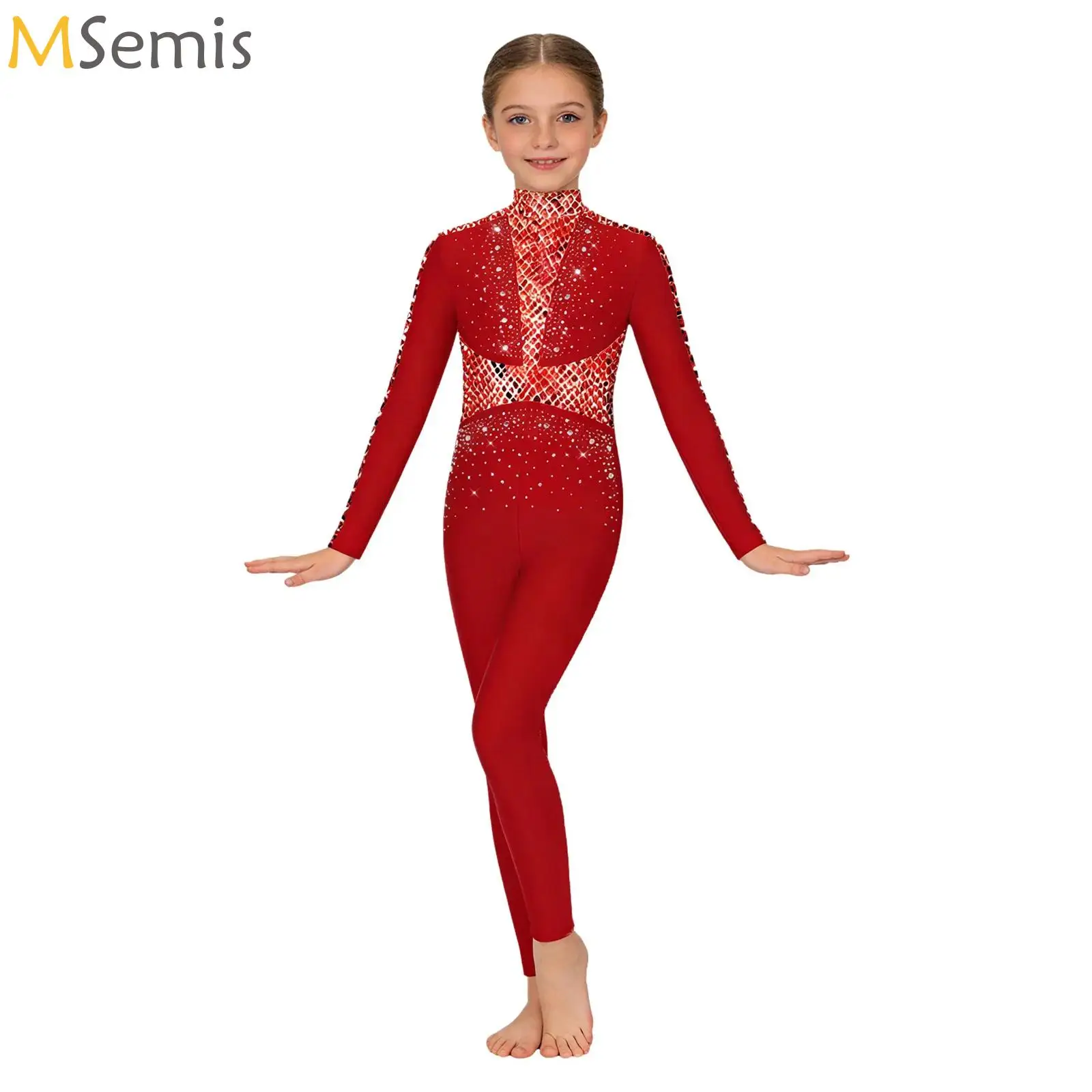 

Kids Girls Acrobatics Figure Ice Skating Long Sleeve Jumpsuit Gymnastics Full Body Leotard Bodysuit Teens Ballet Dance Costume