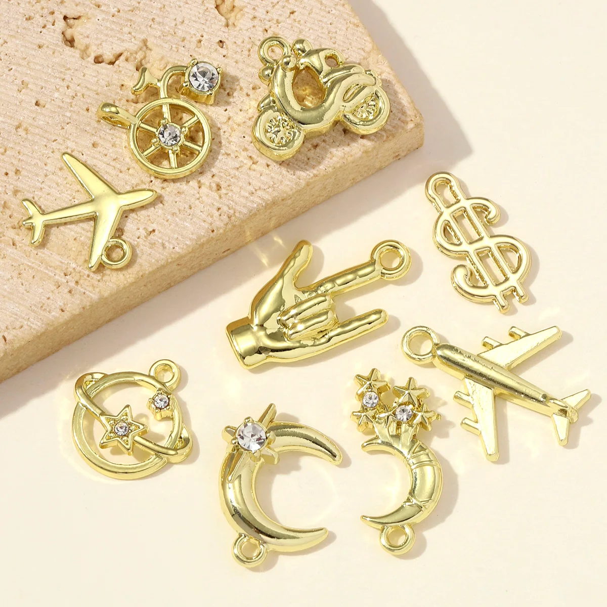 10pcs/lot Airplan Dollar Gold Plated DIY Charm High Polished Rock Hand Moon Star Necklace Pendant Women Bracelet Making Jewelry